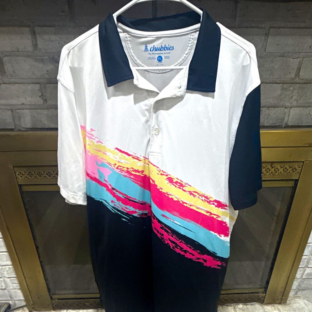 Chubbies Men’s Polo Shirt XL White Black Graphic Print Short Sleeve Stretch